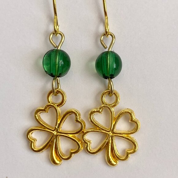 Shamrock Earrings Gold Plated Irish 4 Leaf Clover Luck Celtic St. Patricks Day - Picture 2 of 7